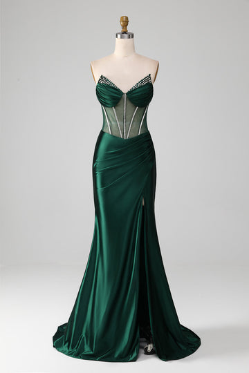 Dark Green Mermaid Strapless Corset Pleated Ball Dress